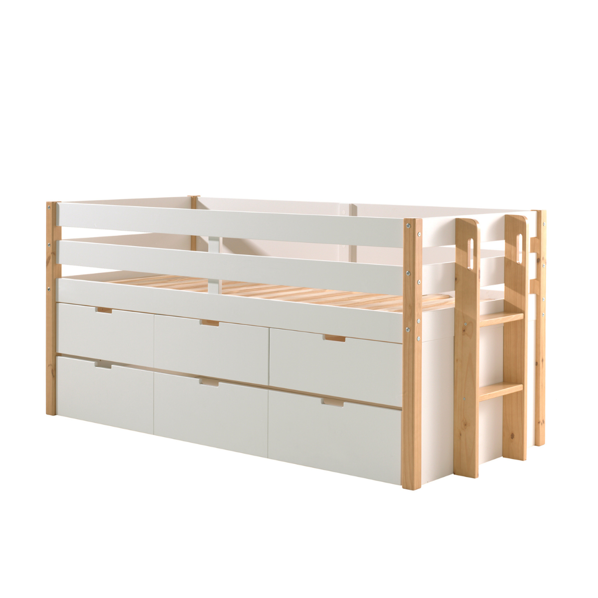 Product image of a white and natural wood kids mid sleeper cabin bed with multiple underbed storage drawers on plain white background