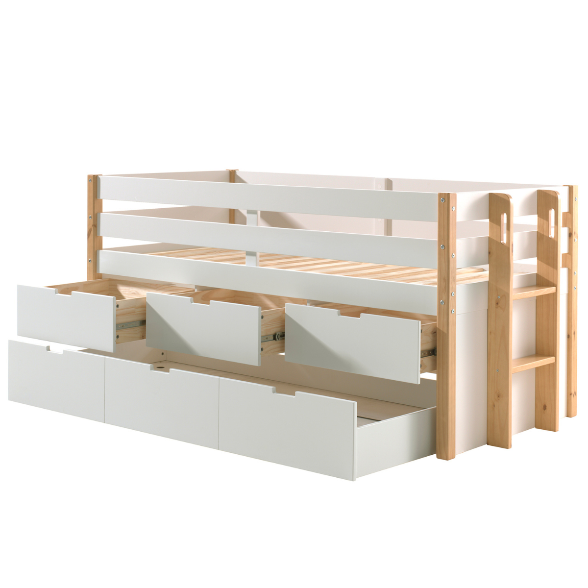 White and wooden childrens cabin bed with multiple open underbed storage drawers. The bed has a wooden ladder on the end. Shot on a plain white background