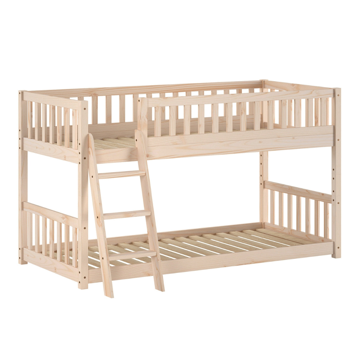 Beige natural wooden bunk bed with low to the ground bottom bunk on a white background
