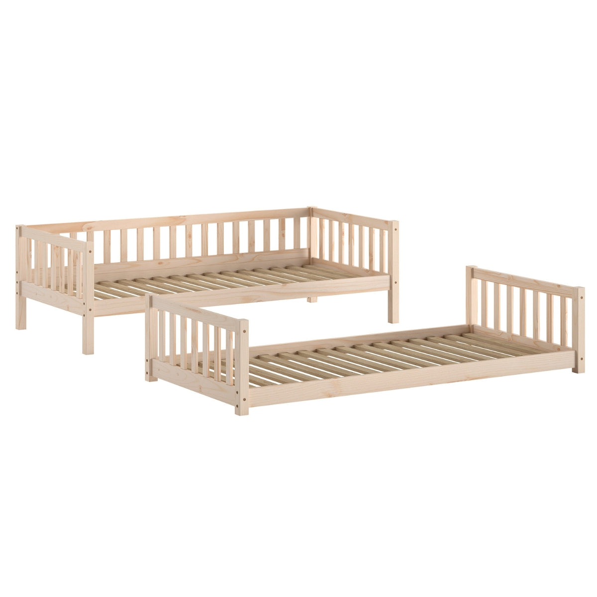 kids natural wood bunk bed has been converted in to two separate beds a Wooden daybed and a montessori kids floor bed on a white background
