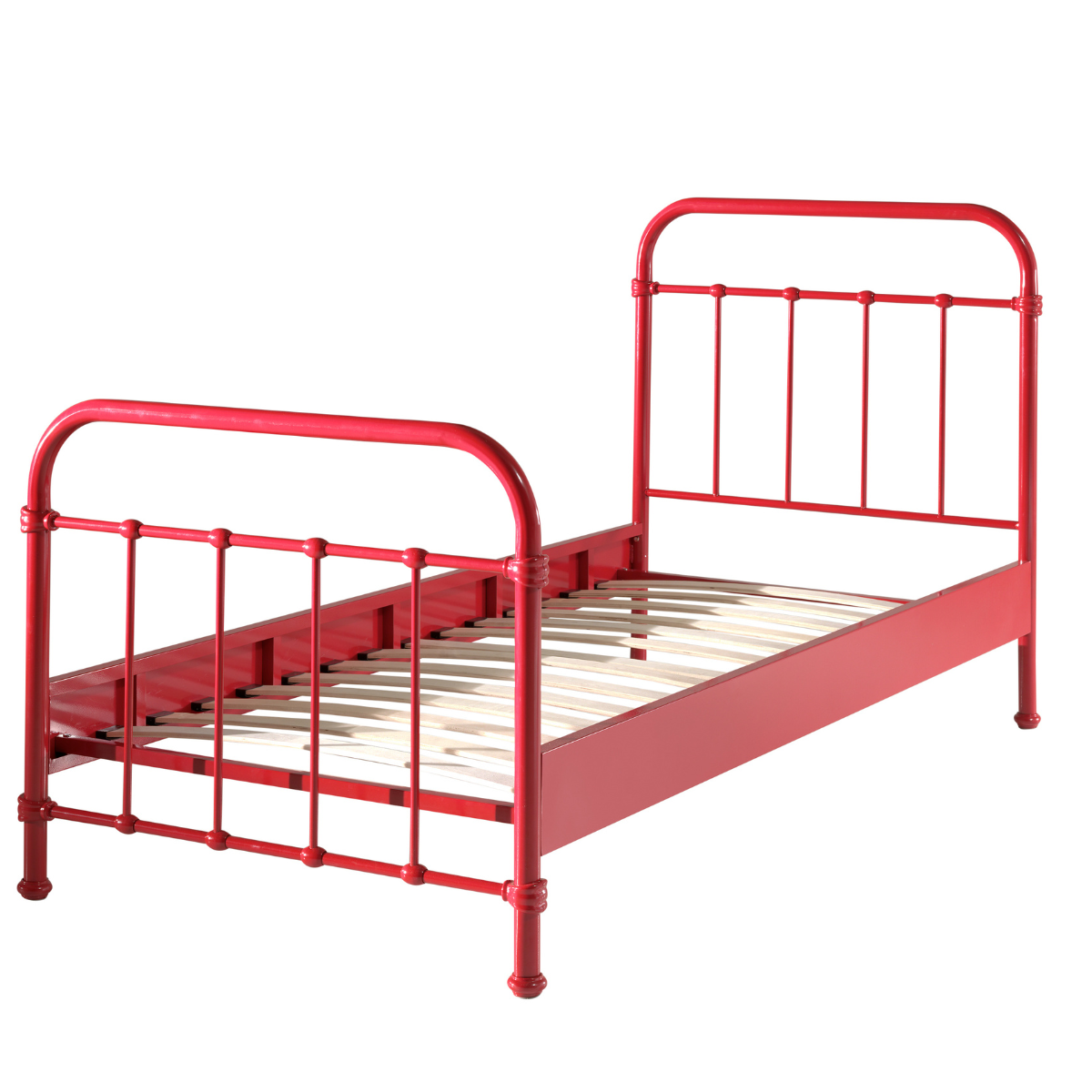 VIPACK kids Red metal single bed frame with slatted wooden base on a white background. 