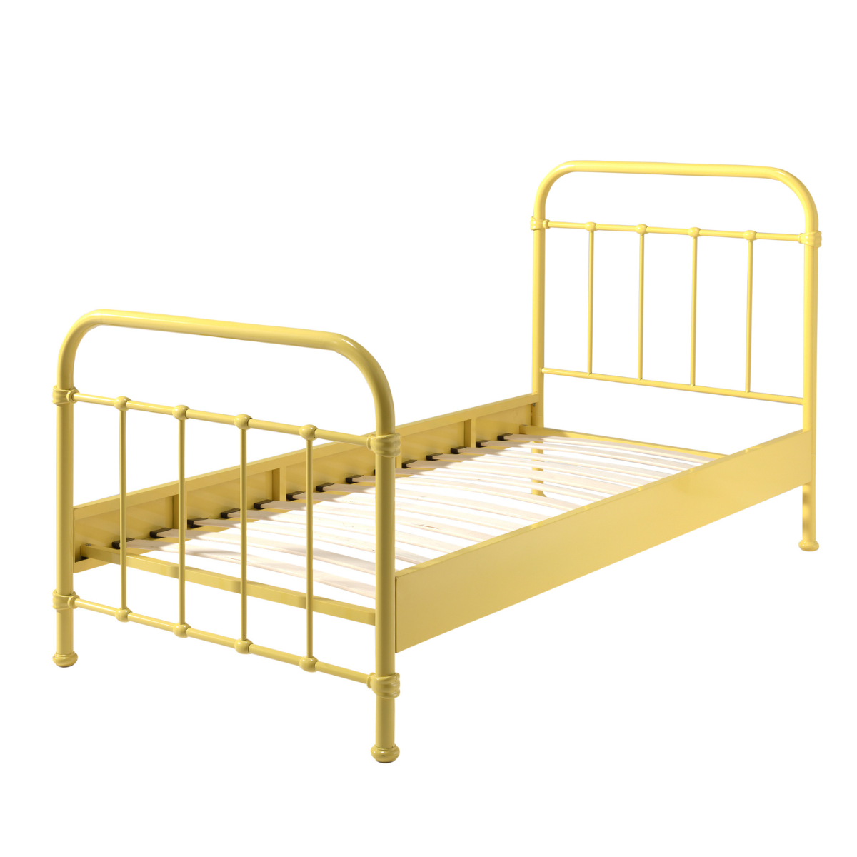 Kids VIPACK Yellow metal bed frame with slatted wooden base on a white background