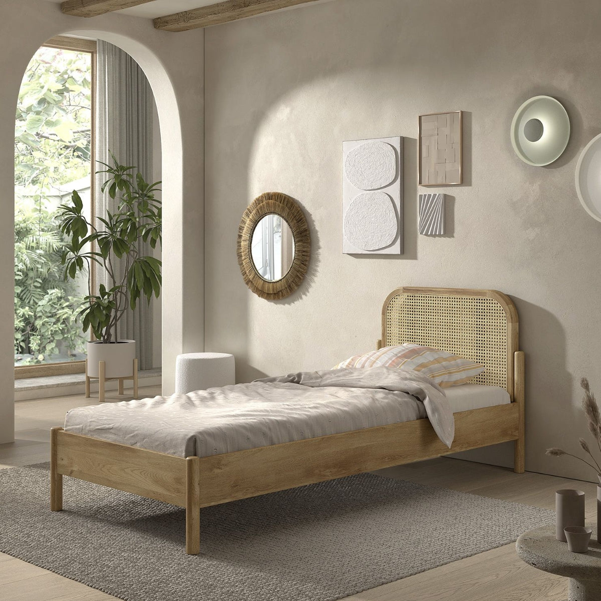 VIPACK OLIVE rattan single bed with oak finish and woven headboard