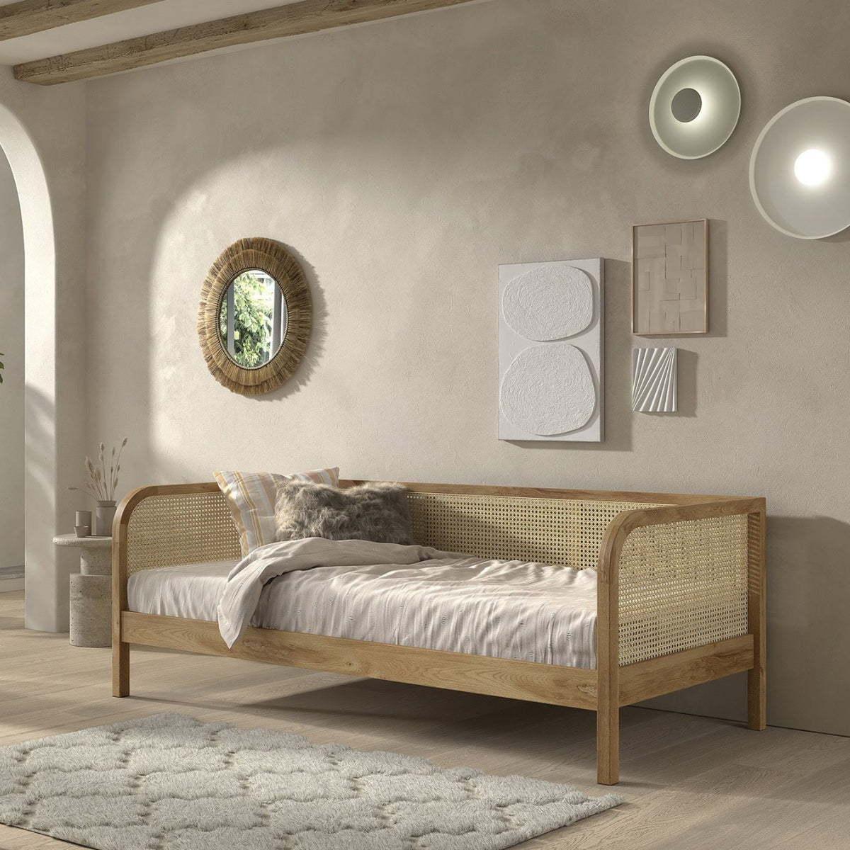VIPACK OLIVE rattan day bed with oak finish and woven rattan backrest