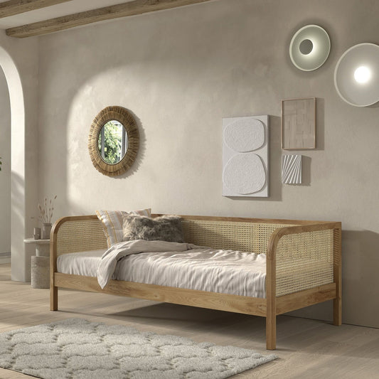 VIPACK OLIVE rattan day bed with oak finish and woven rattan backrest