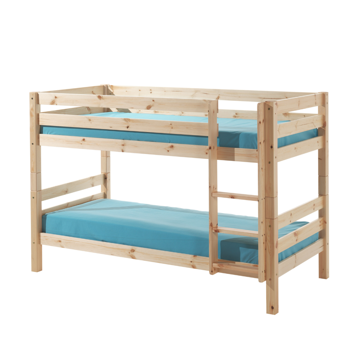 Wooden VIPACK PINO bunk bed with blue mattresses on a white background