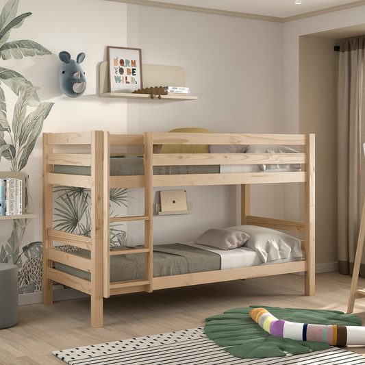 Wooden VIPACK bunk bed in a scandi looking childrens bedroom with shelves, books, and decorative items.
