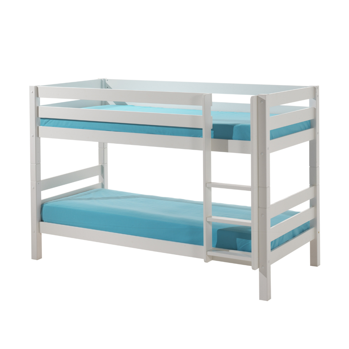 White bunk bed with blue mattresses on a white background
