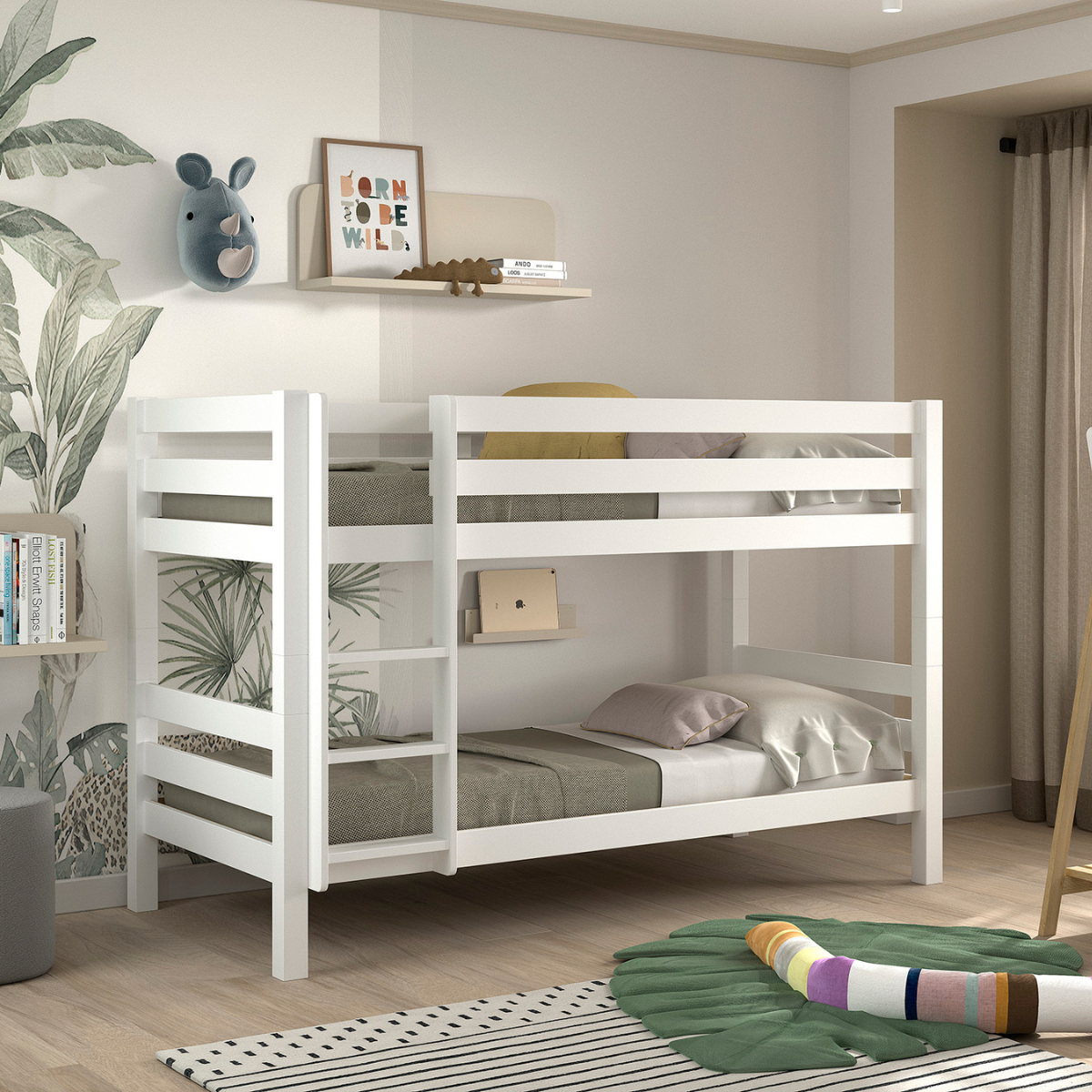 modern looking White bunk bed in a scandi room with decor elements like books, a plant, and a shelf.