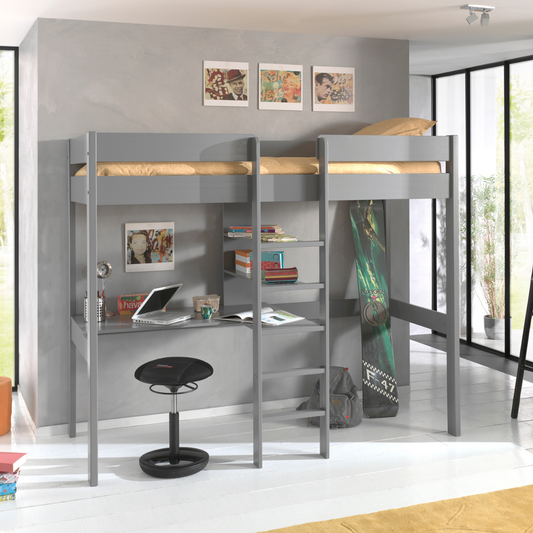 VIPACK PINO European single loft bed 90 X 200cm with ladder grey