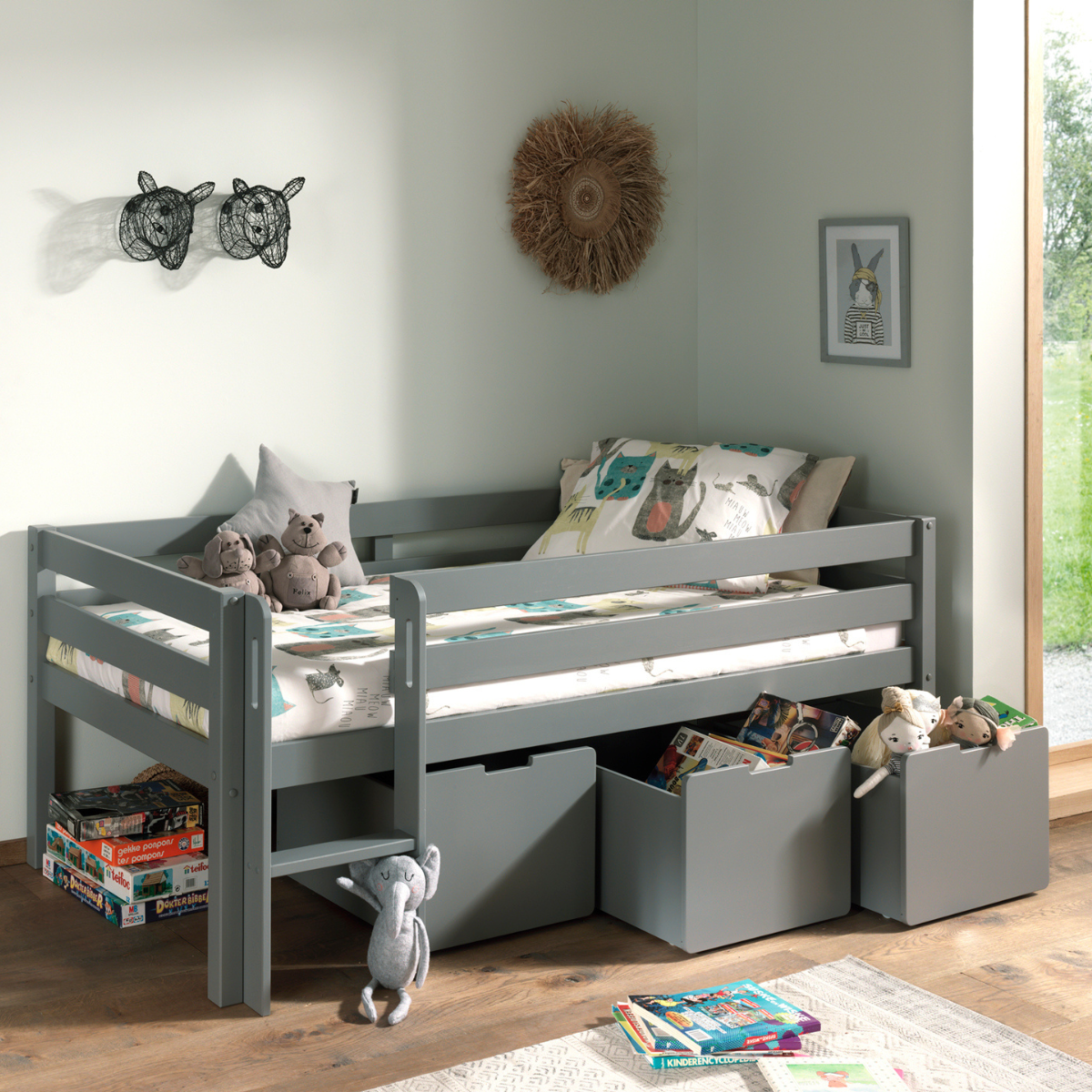 VIPACK PINO European single mid sleeper low 90 X 200cm with ladder grey