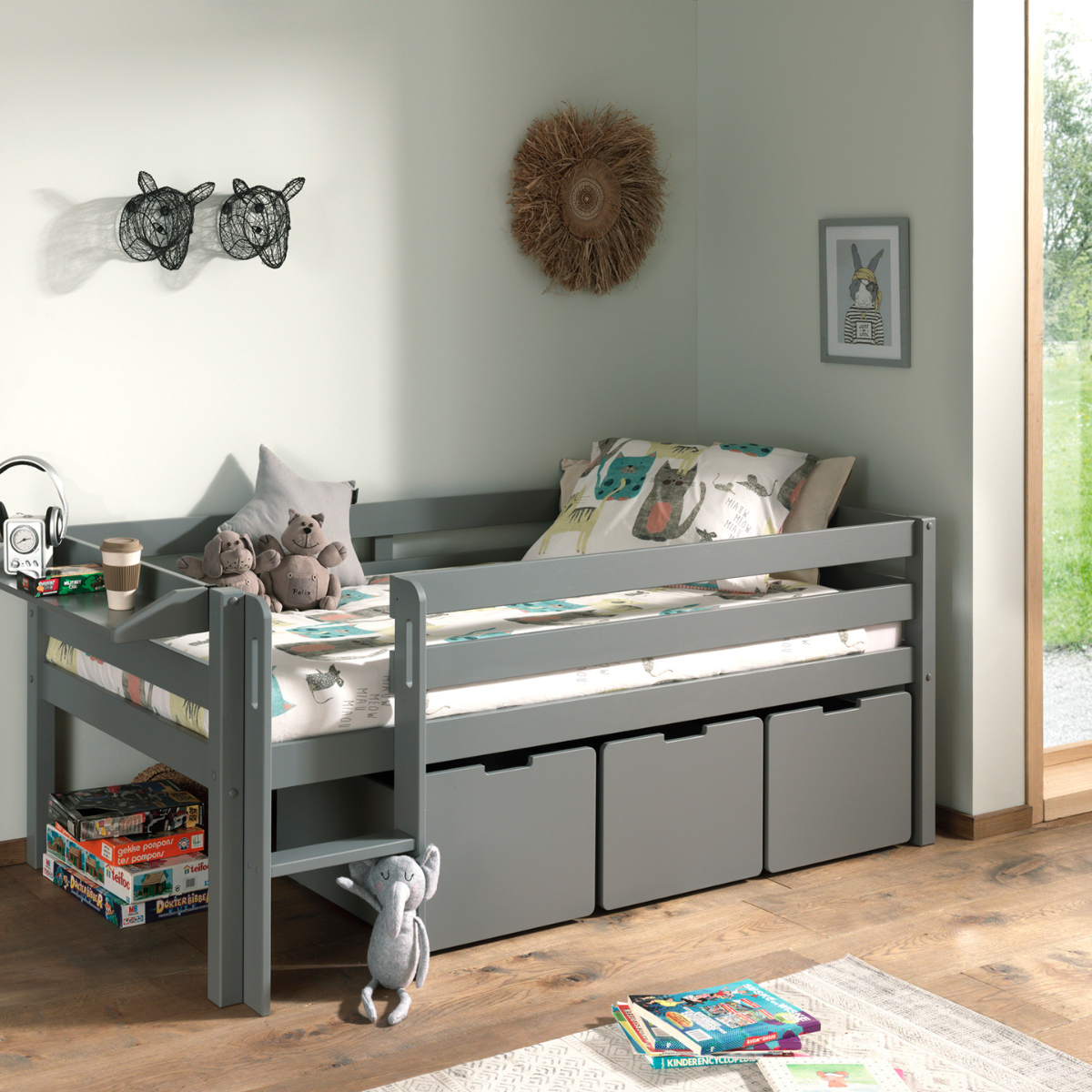 VIPACK PINO European single mid sleeper low 90 X 200cm with ladder grey