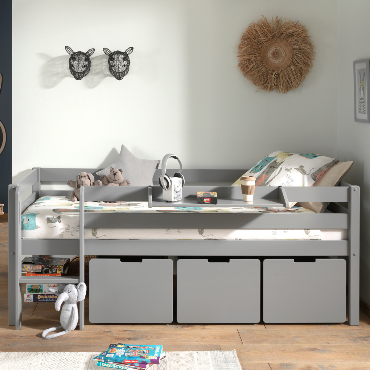 VIPACK PINO European single mid sleeper low 90 X 200cm with ladder grey