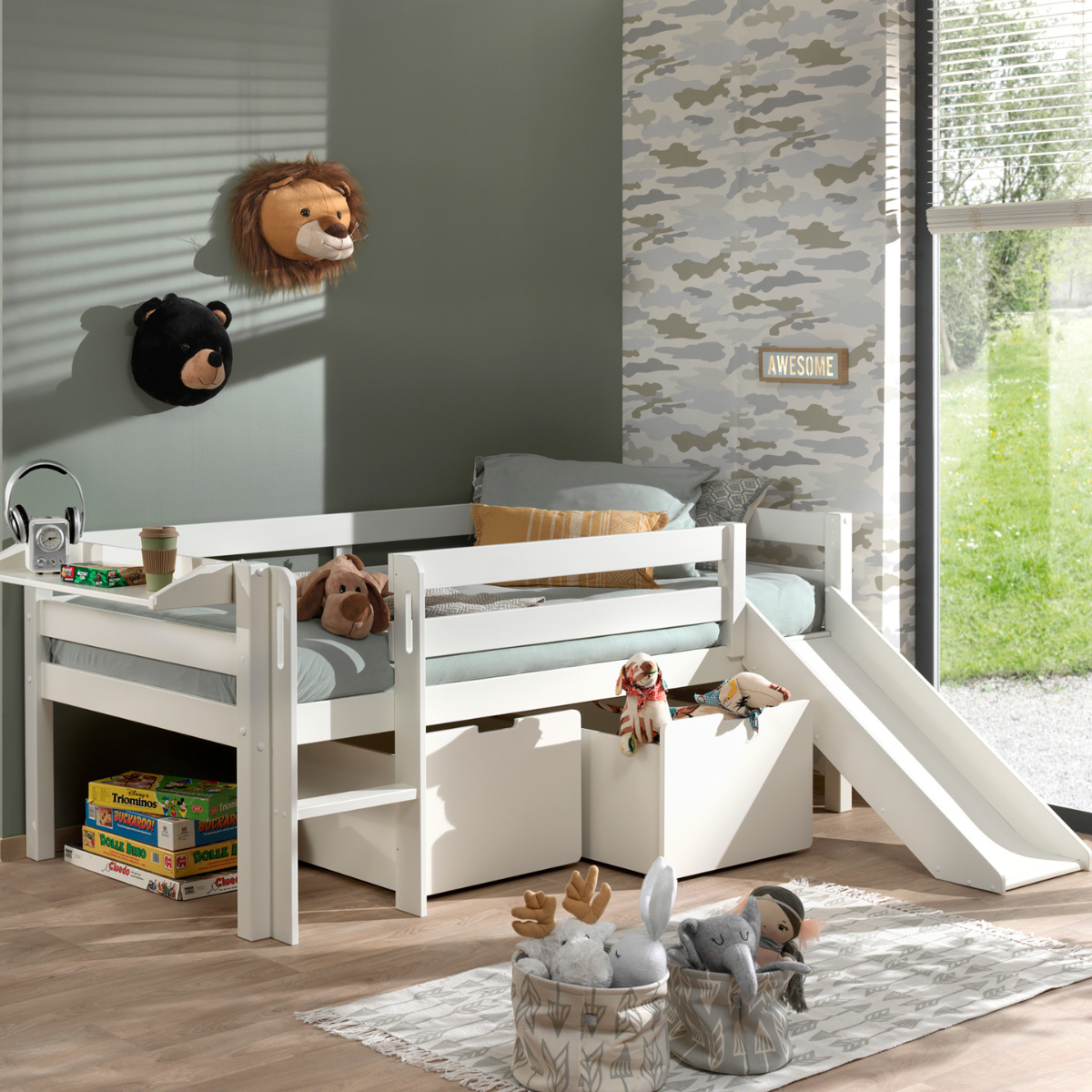 VIPACK PINO European single mid sleeper low 90 X 200cm with ladder & slide white