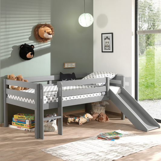 VIPACK PINO European single mid sleeper low 90 X 200cm with ladder & slide grey