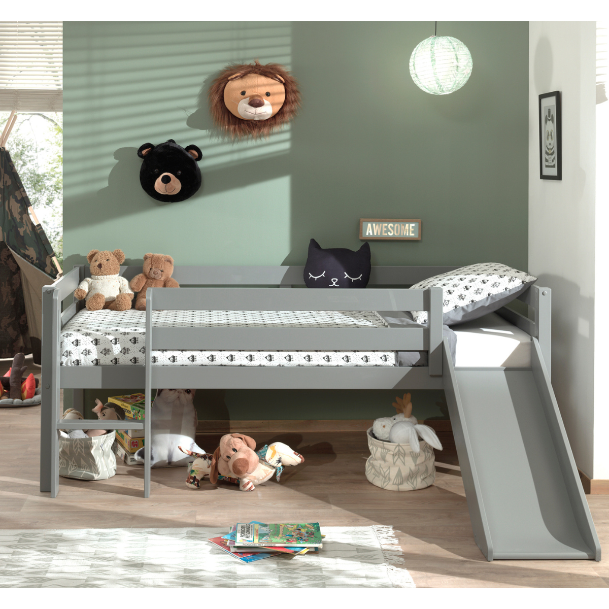 VIPACK PINO European single mid sleeper low 90 X 200cm with ladder & slide grey