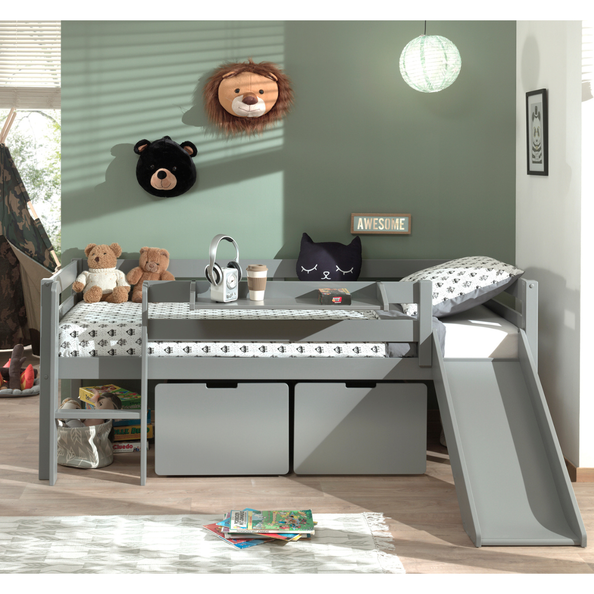 VIPACK PINO European single mid sleeper low 90 X 200cm with ladder & slide grey