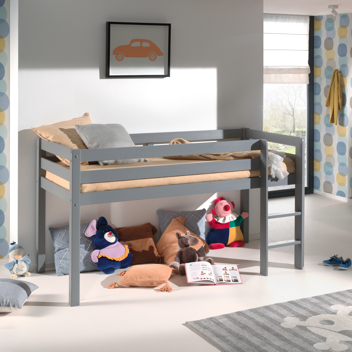 VIPACK PINO European single mid sleeper 90 X 200cm with ladder grey
