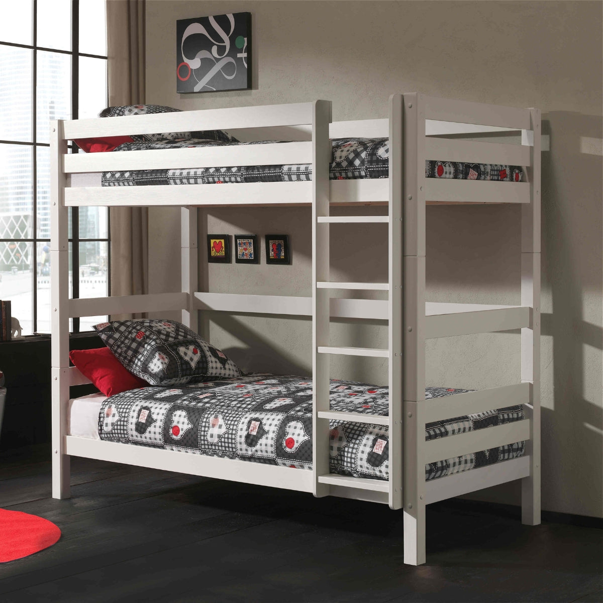 VIPACK PINO white high bunk bed 90 x 200cm styled in a modern shared children's bedroom
