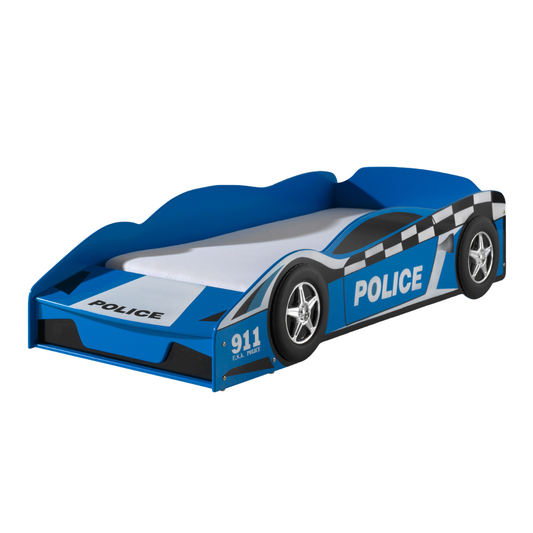 Blue police car bed for toddlers with raised side bed guards. The car bed has the word POLICE written in white letters on the side. The car bed has a stroage drawer in the front where the car bonnet is. The police car toddler bed is product shot taken on a plain white background