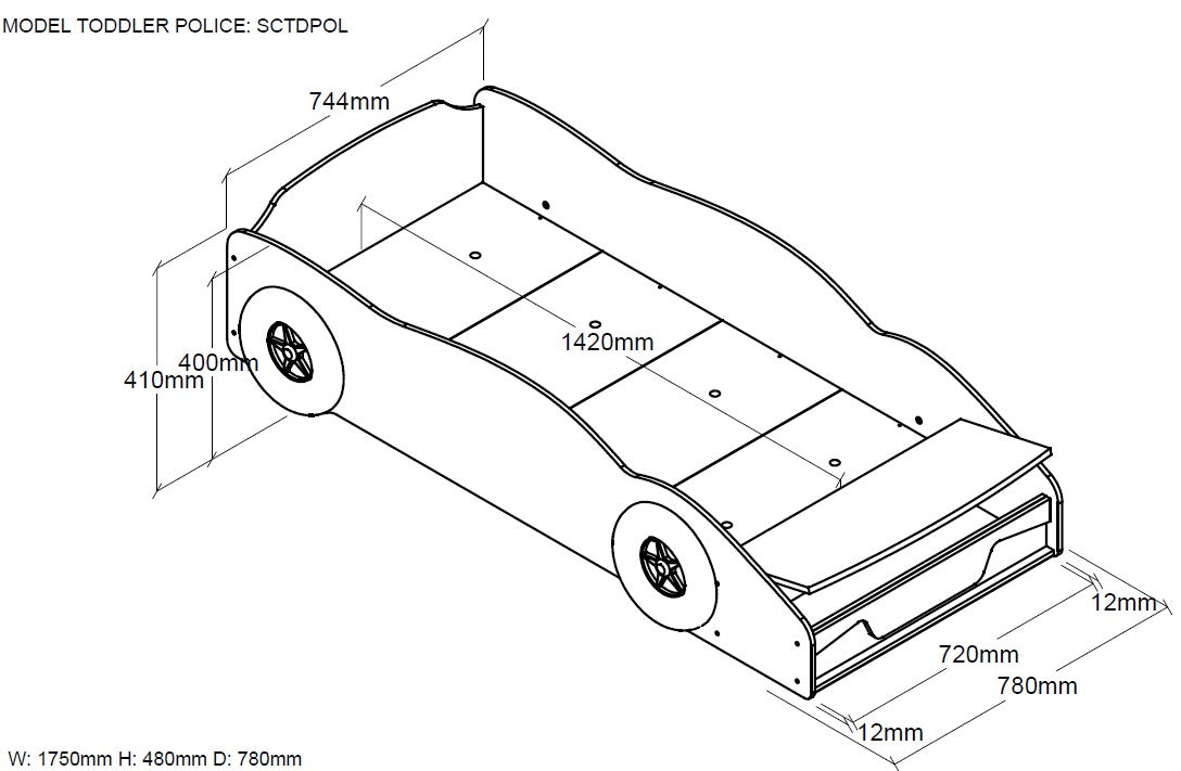 Technical drawing of a police car toddler bed  with product dimensions labeled