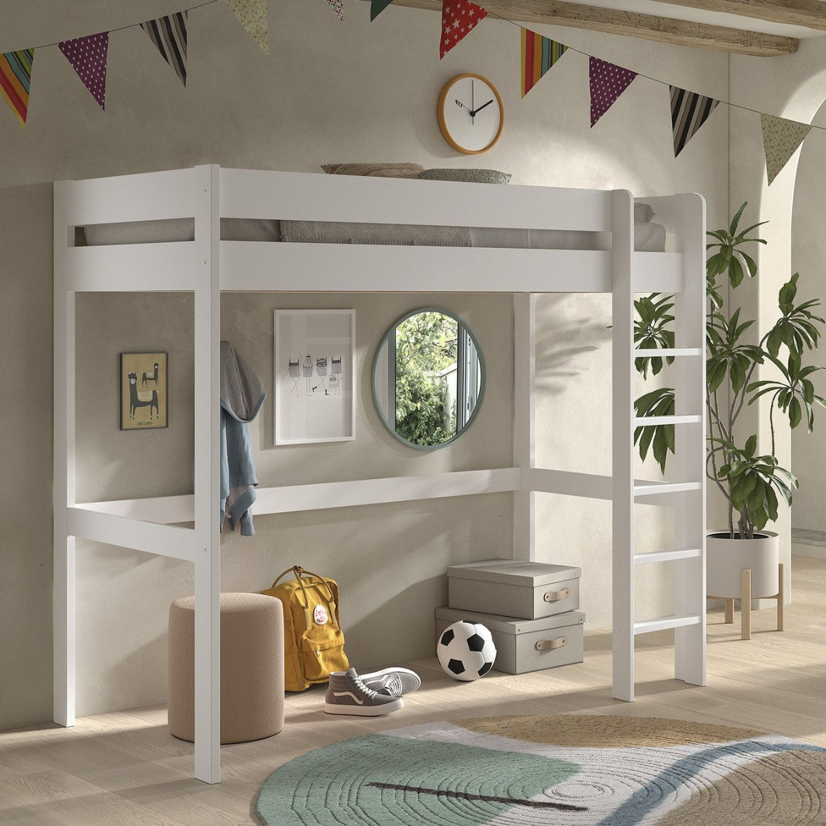 White VIPACK PRIMO loft bed with storage space underneath in a child's bedroom with modern decor