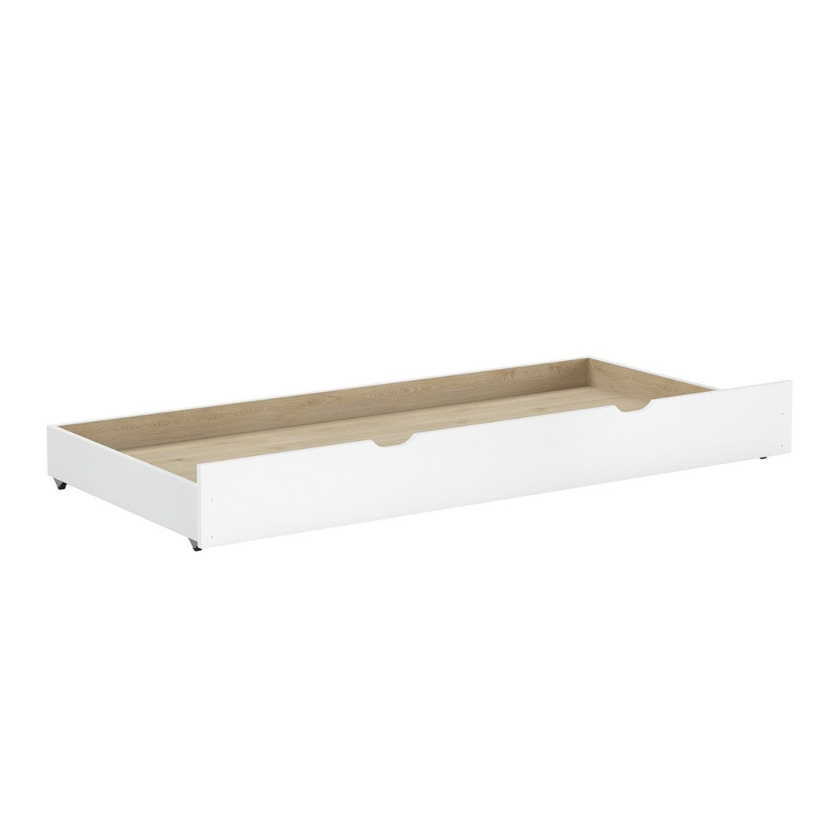 VIPACK PRIMO white underbed drawer sleeping trundle with roller caster wheels on plain white background