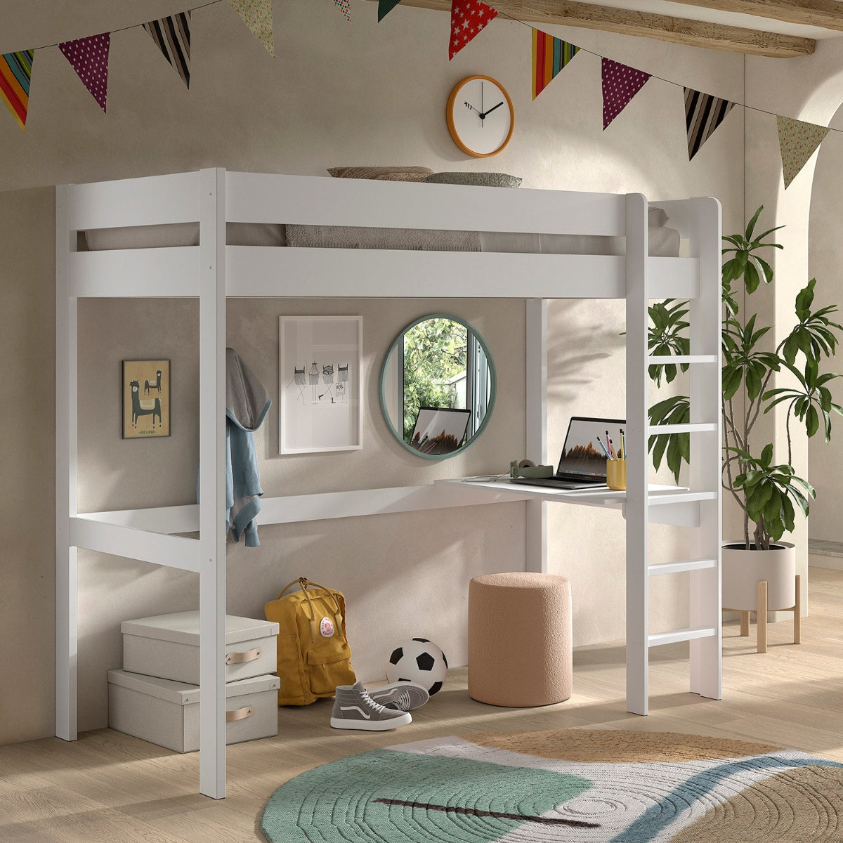 Kids white high sleeper loft bed with desk and storage space underneath in modern bedroom