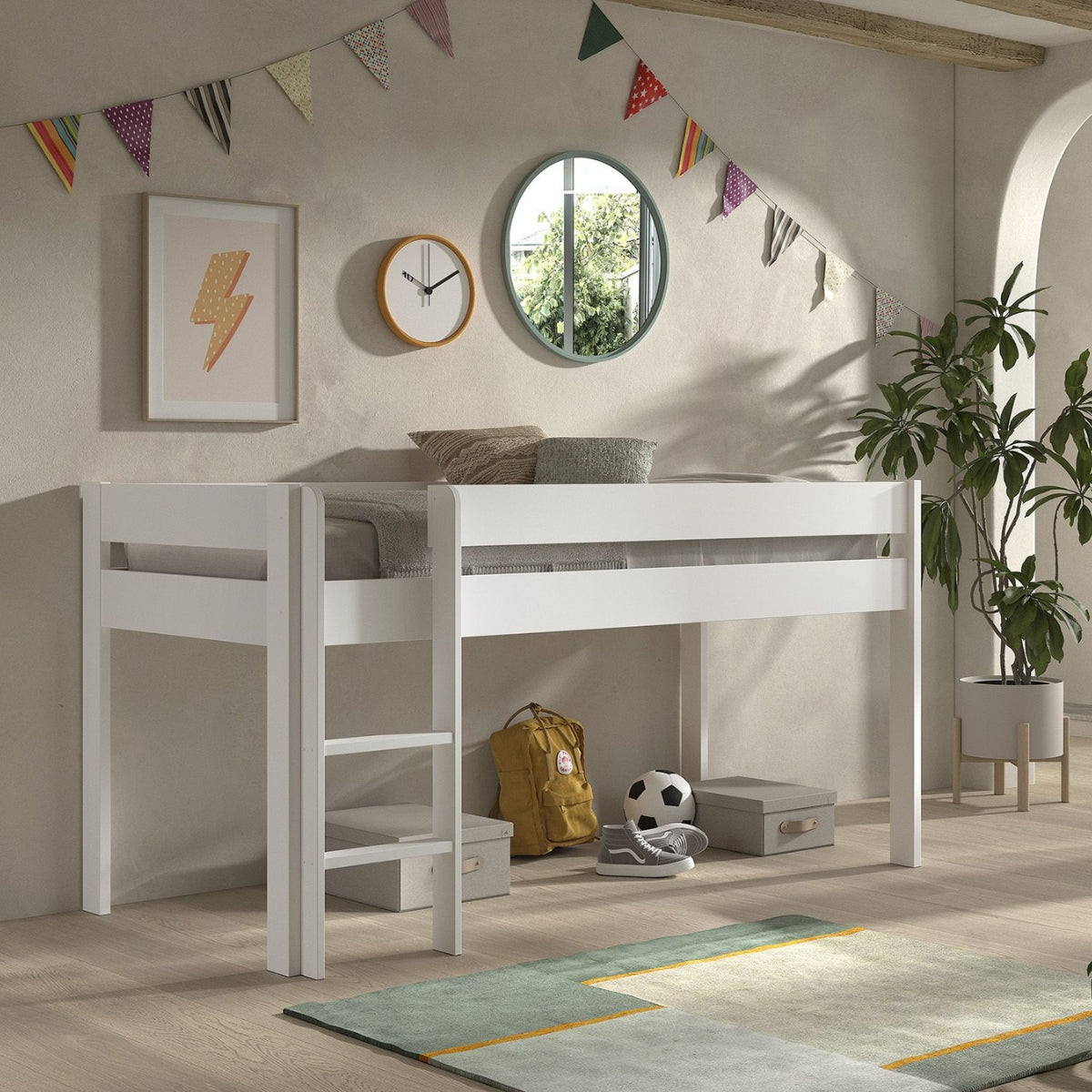 white mid sleeper bed with storage space underneath in child's bedroom with neutral modern decor