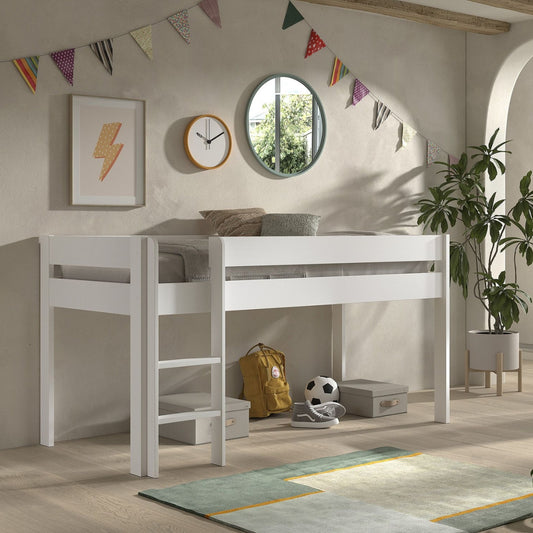white mid sleeper bed with storage space underneath in child's bedroom with neutral modern decor