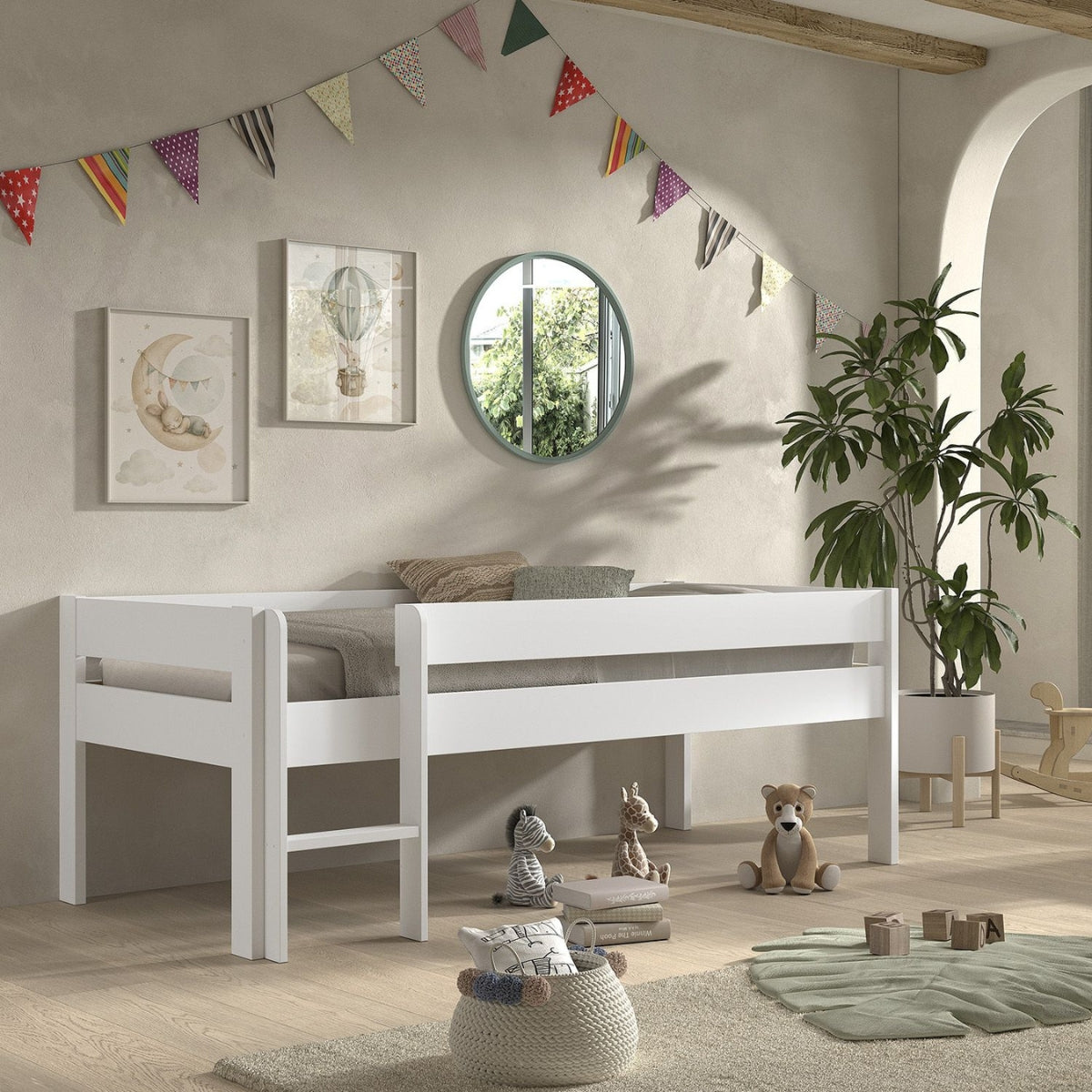 white low mid sleeper bed with ladder and raised safety sides in children's bedroom with modern neutral decor