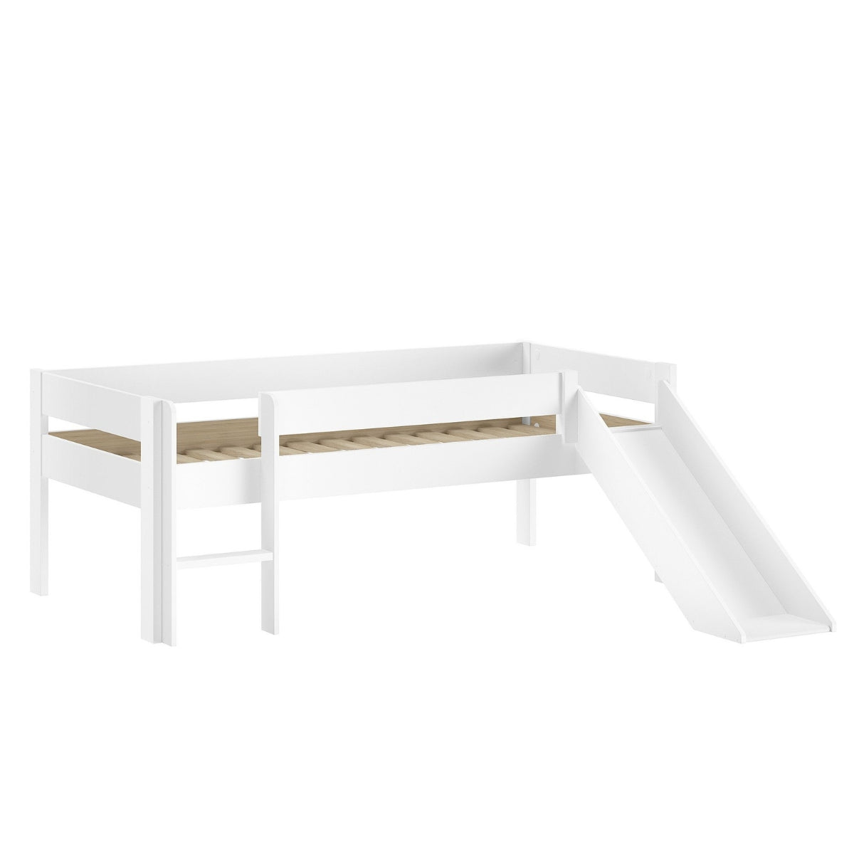 white VIPACK PRIMO low mid sleeper bed with slide without mattress on plain white background. 