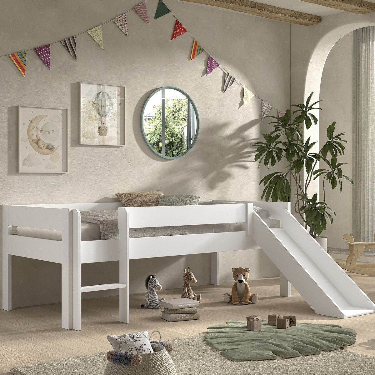 A white VIPACK primo low mid sleeper bed with slide in a modern children's bedroom. the room has a grey wall with light wooden floor