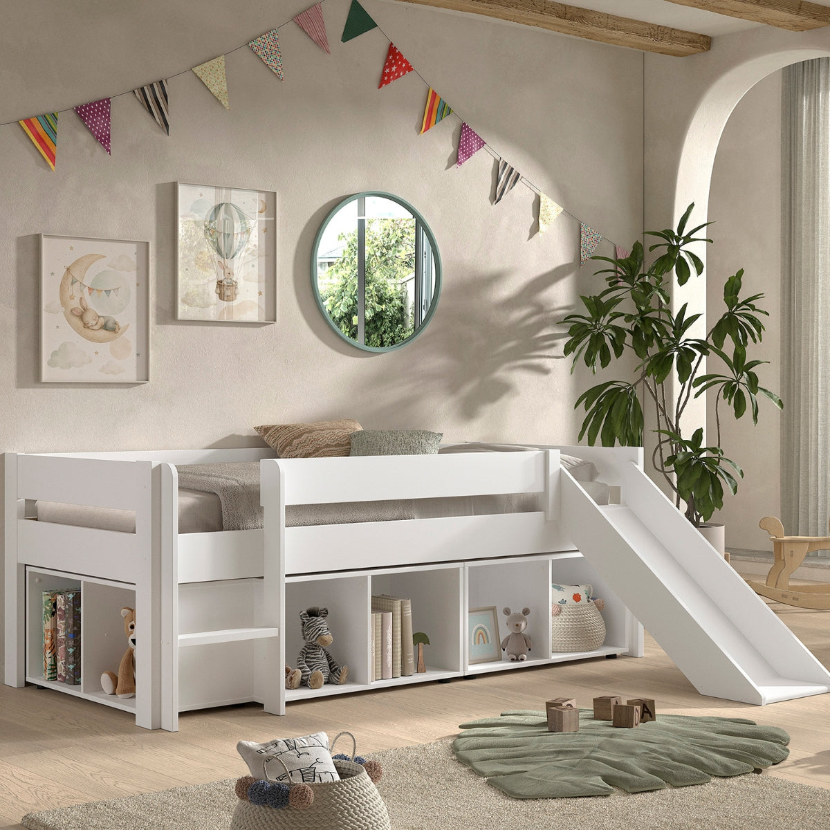 VIPACK PRIMO mid sleeper low with slide white with bookcases underbed in modern toddler bedroom