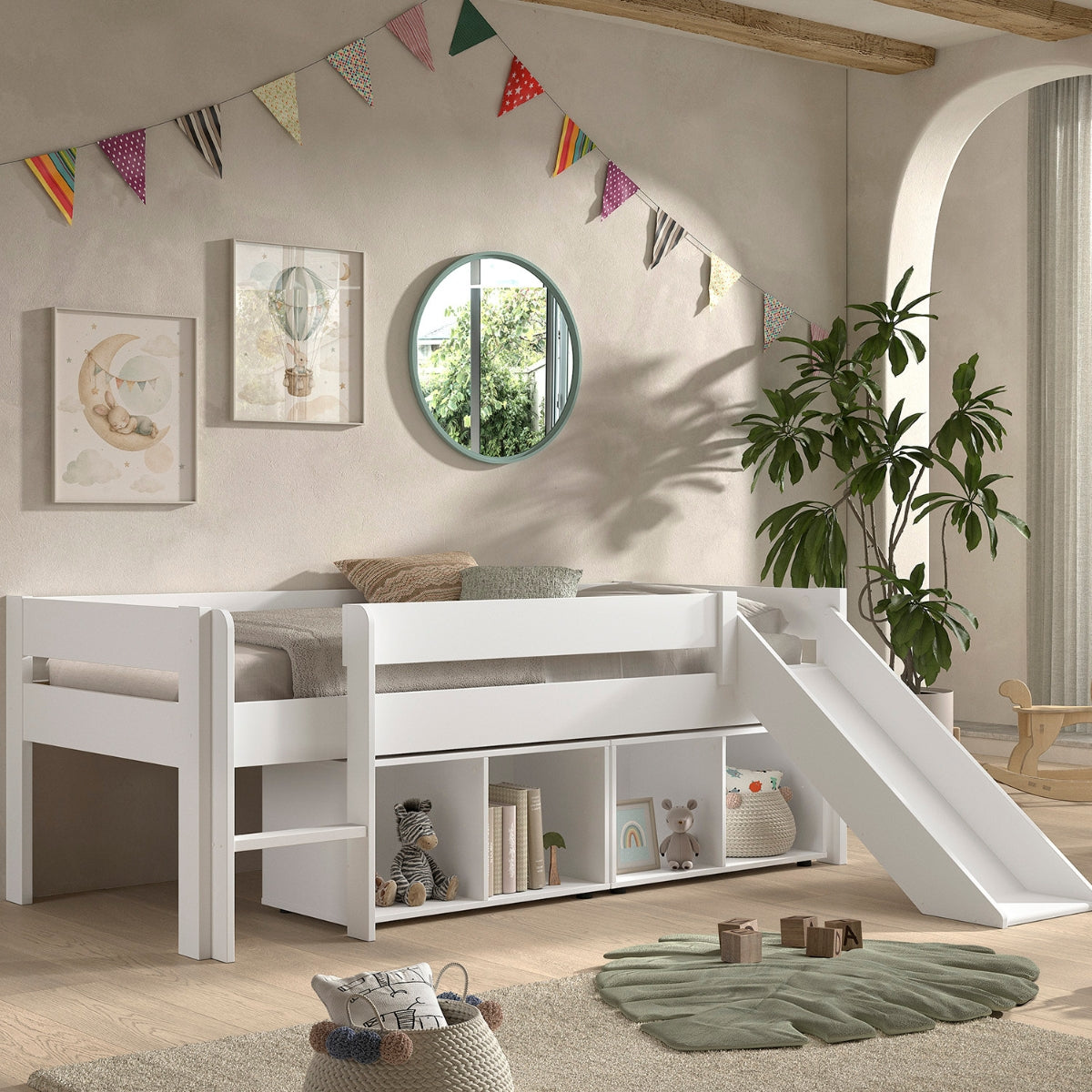 VIPACK PRIMO low mid sleeper toddler bed with slide in white with lots of storage shelves underneath in modern bedroom
