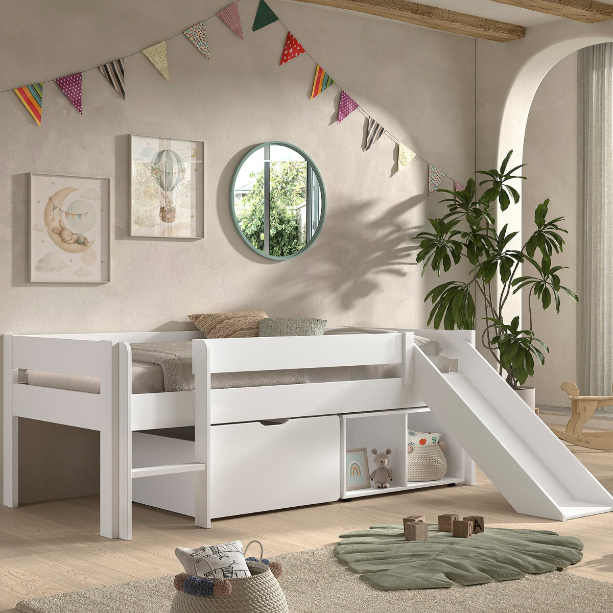 VIPACK PRIMO white mid sleeper toddler bed with slide with large storage drawer underneath in modern bedroom