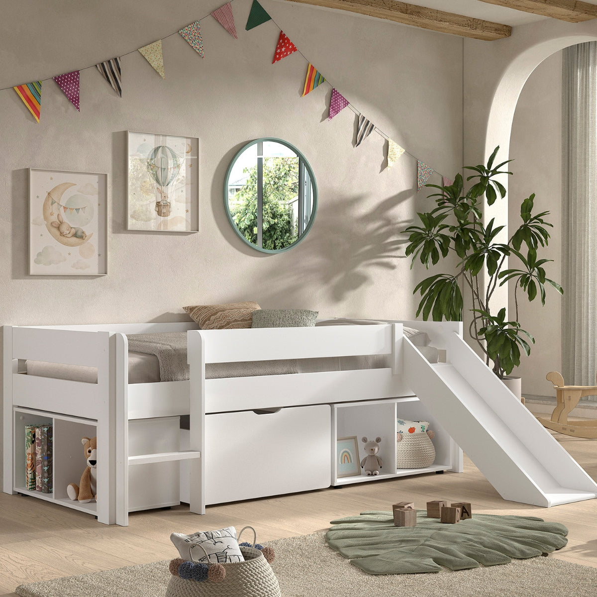 VIPACK PRIMO white mid sleeper toddler bed with slide with bookshelves and drawers for storage underneath in modern nursery