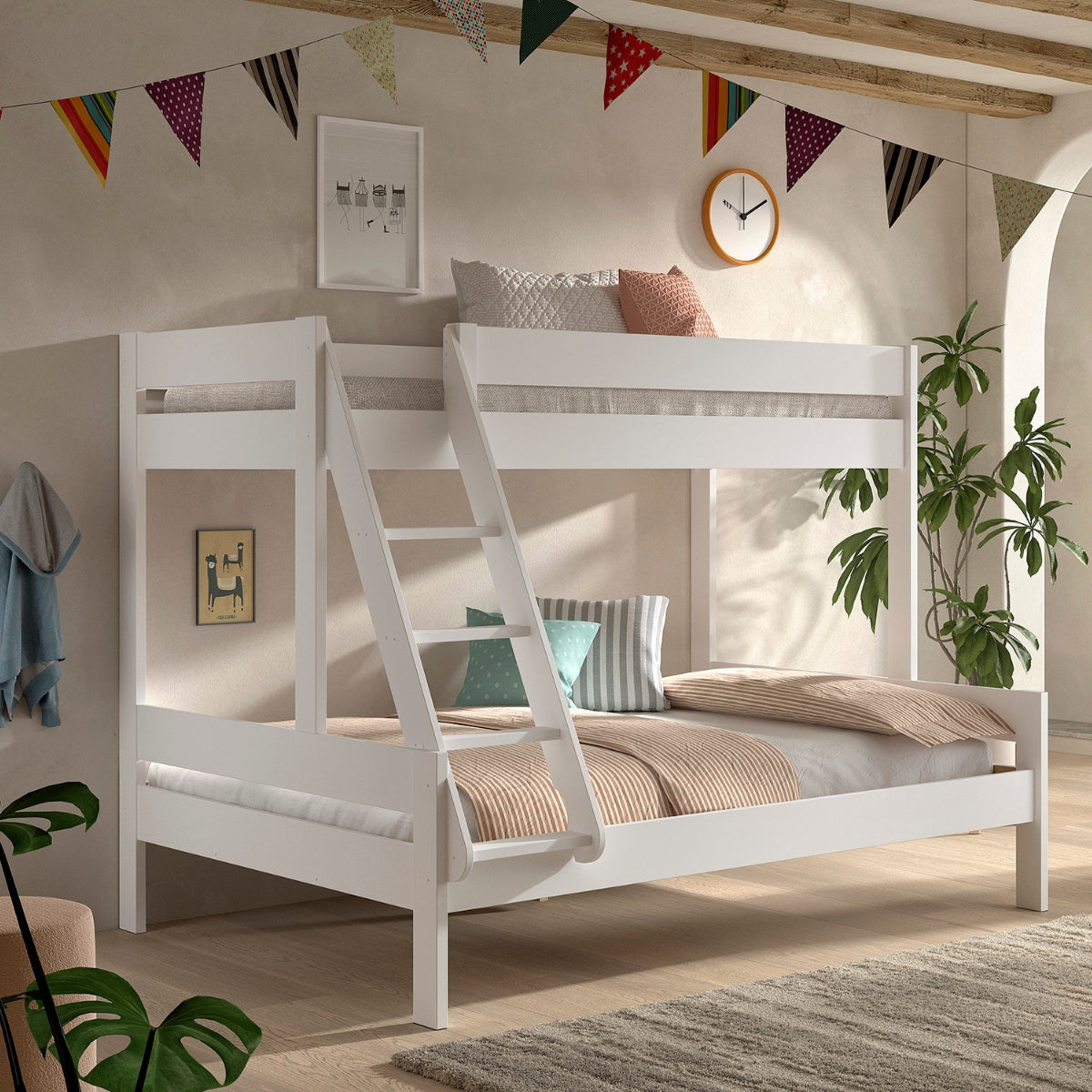 White VIPACK PRIMO wooden triple sleeper bunk bed with an attached ladder in a bright, modern bedroom setting