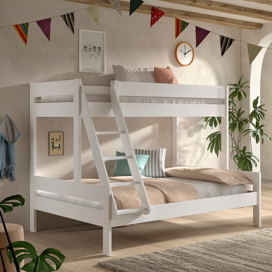 White VIPACK PRIMO wooden triple sleeper bunk bed with an attached ladder in a bright, modern bedroom setting