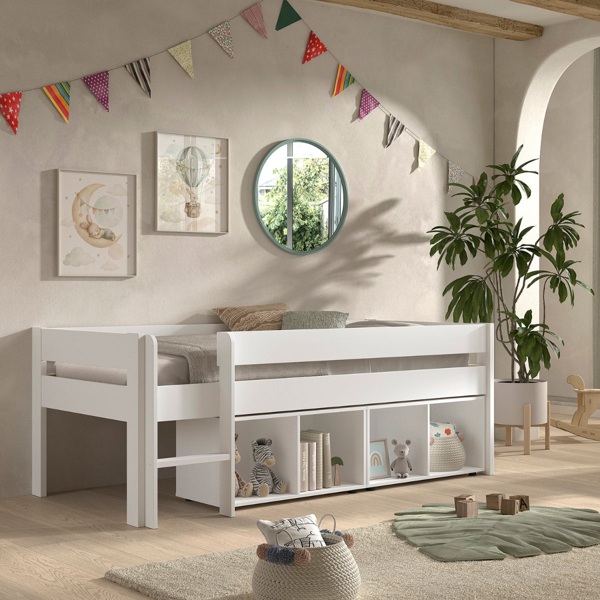 VIPACK PRIMO white mid sleeper low bed with two storage bookcases underneath with toys and books on