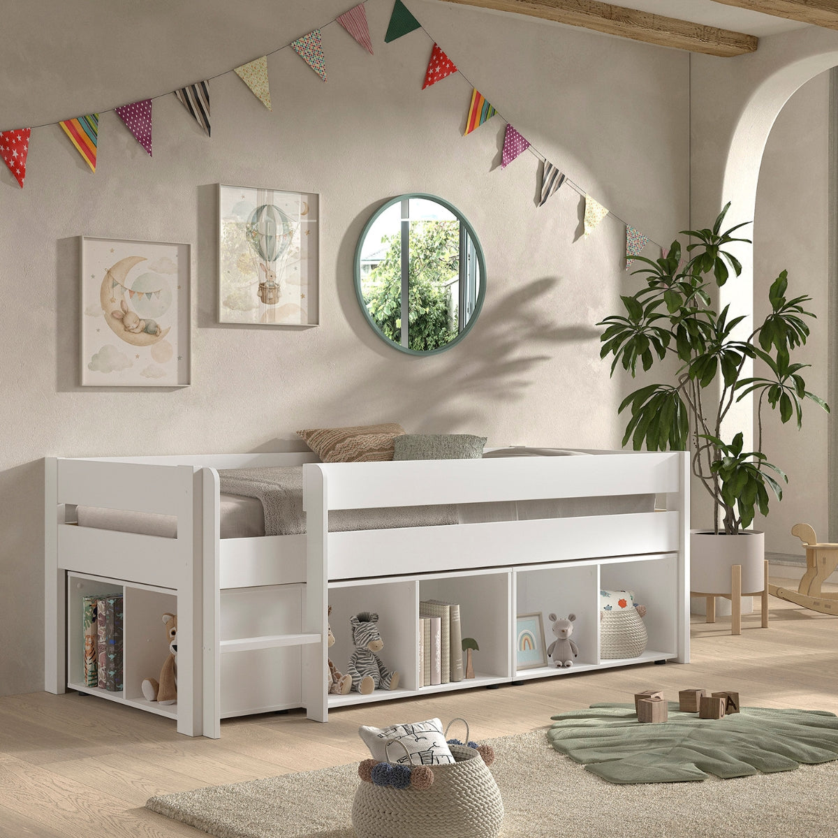VIPACK PRIMO white mid sleeper bed with lots of underbed storage shelves and compartments for toys and books