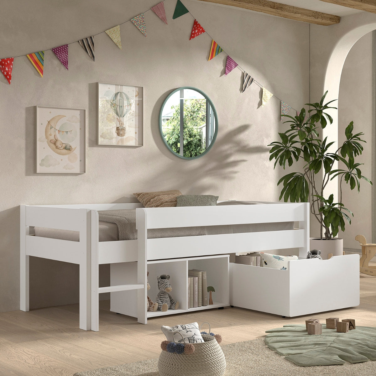 white mid sleeper bed with lots of storage drawers and shelves underneath in kids bedroom with modern decor