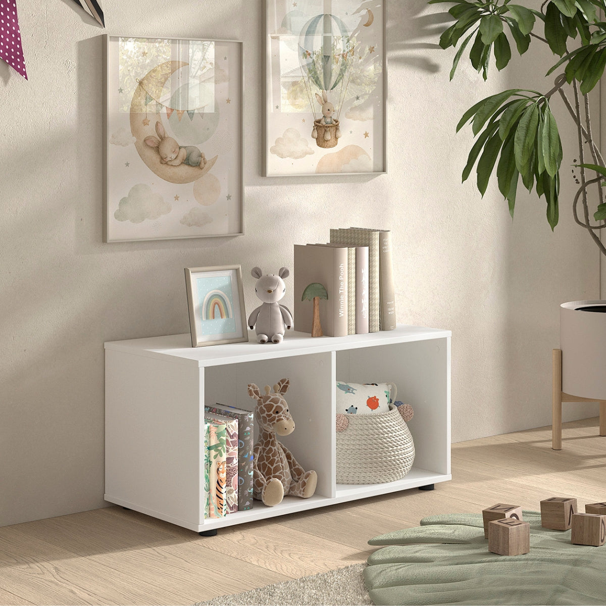 VIPACK PRIMO white bookcase with toys and books on in child's bedroom with light grey wall and wooden floor