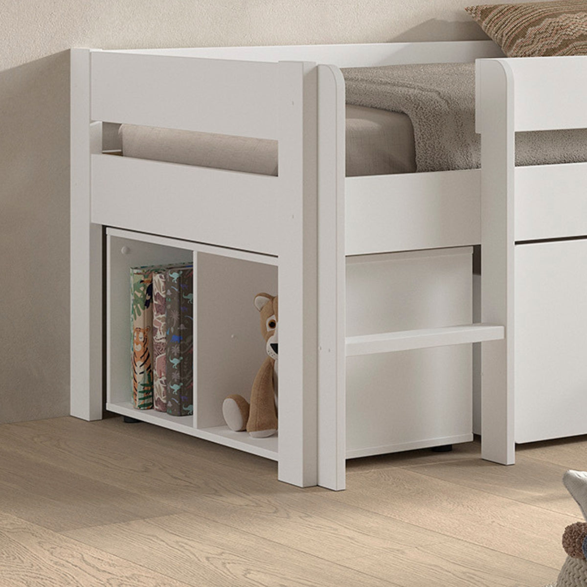 white VIPACK PRIMO midsleeper low with bookcase underneath bed in childrens bedroom with light wooden floor