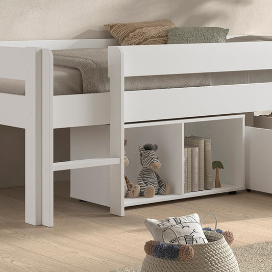 white bookcase with toys and books on underneath VIPACK PRIMO kids mid sleeper low bed