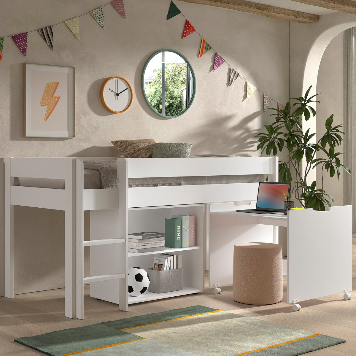 white mid sleeper bed with bookcase and desk underneath in child's bedroom with modern decor