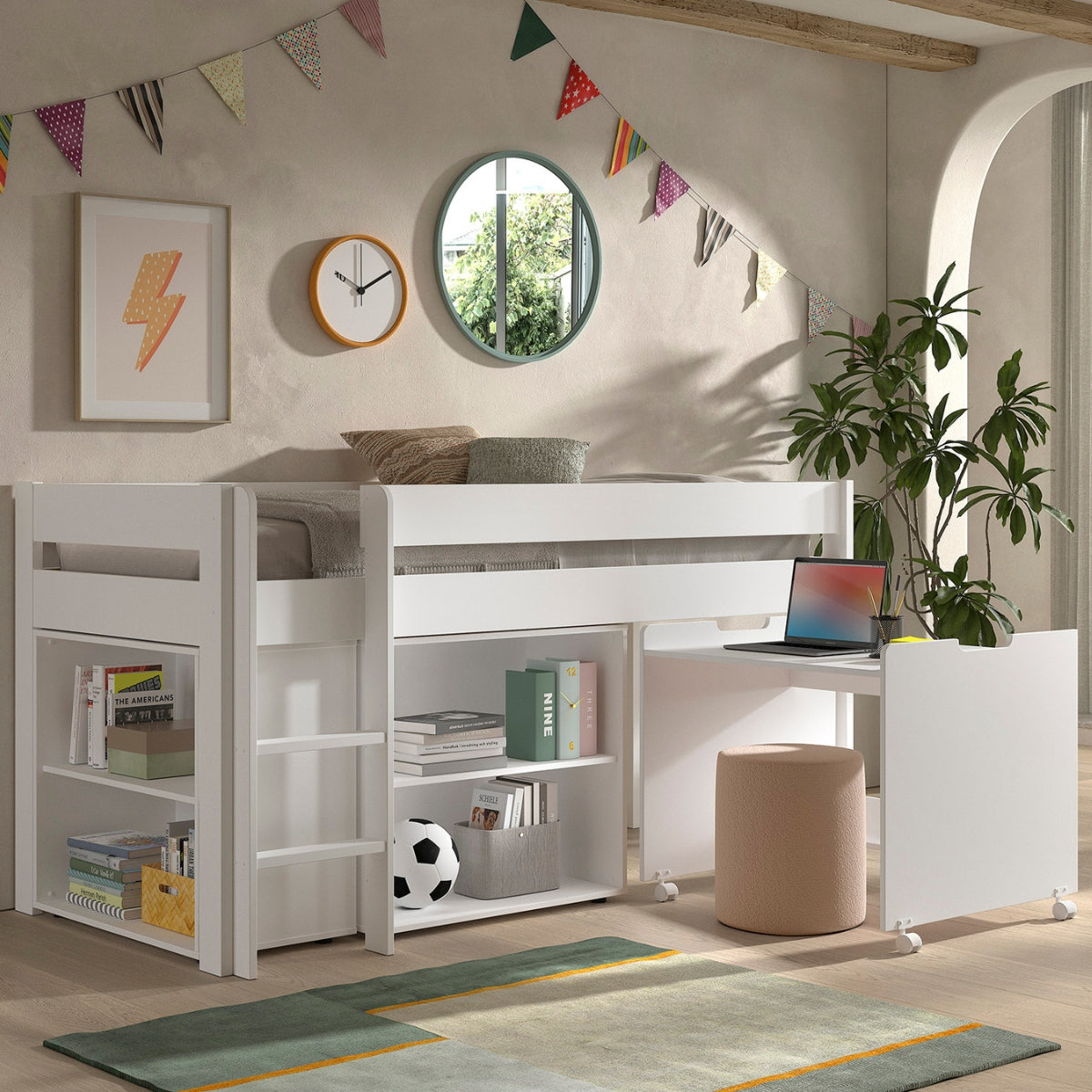 VIPACK PRIMO white mid sleeper bed with pulled out desk with laptop computer on kids bedroom