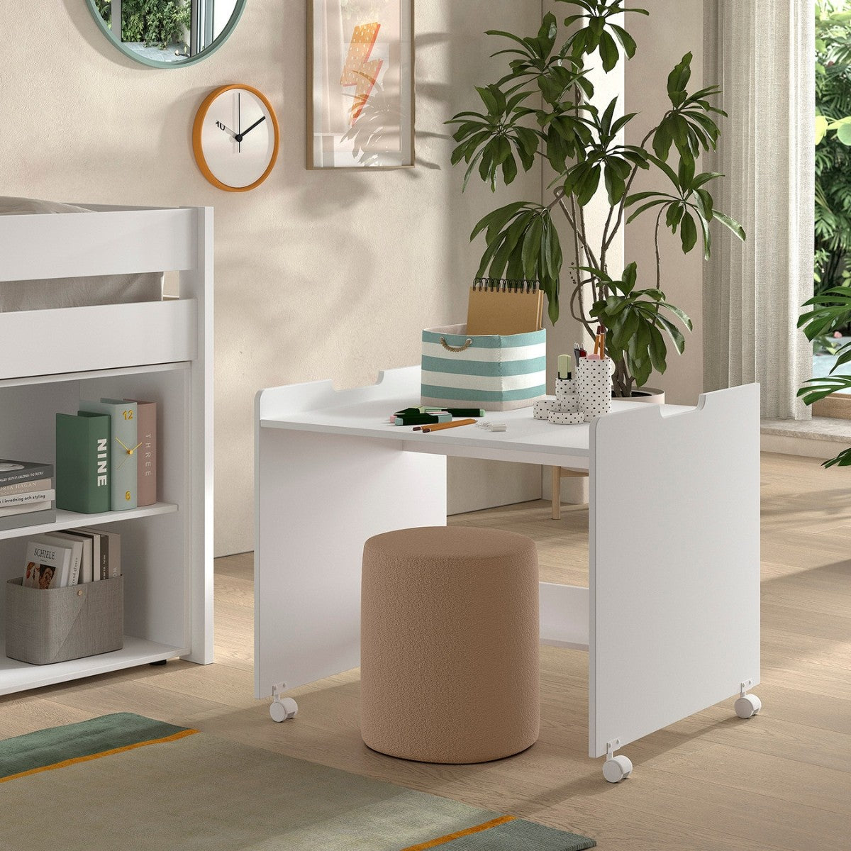 VIPACK PRIMO mid sleeper white pull out desk in child's bedroom with pens and homework on