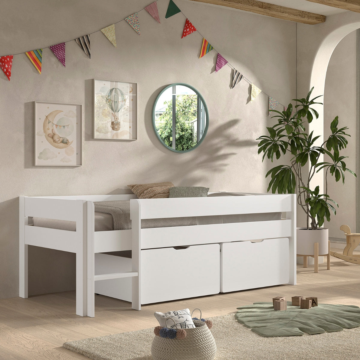 VIPACK PRIMO mid sleeper low white with underbed storage drawers in modern kids bedroom