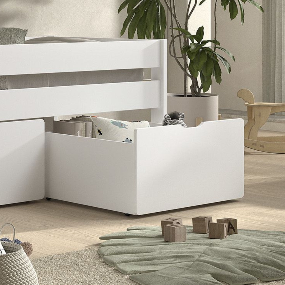 underbed drawer for VIPACK PRIMO mid sleeper low white in modern children's bedroom